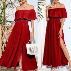 Burgundy polyester shoulder side slit dress
